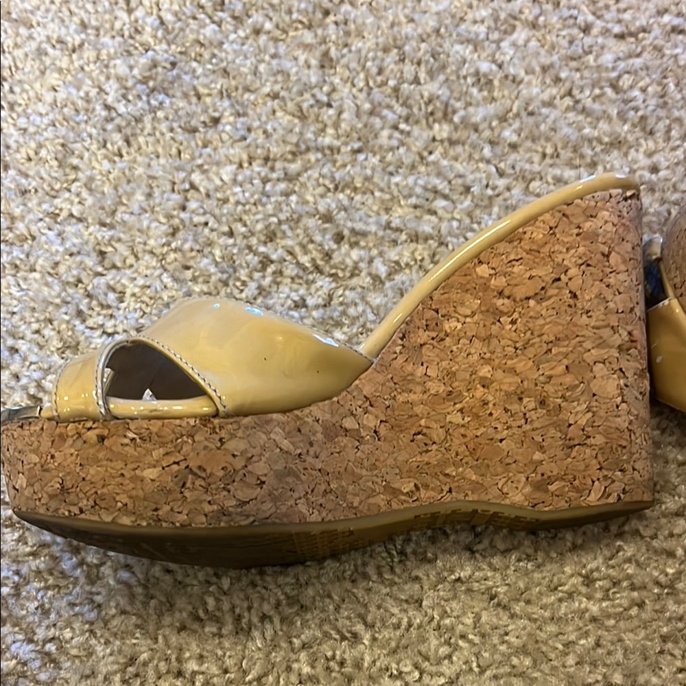 Jimmy Choo Tan Patent Wedge Sandals - Picture 5 of 7
